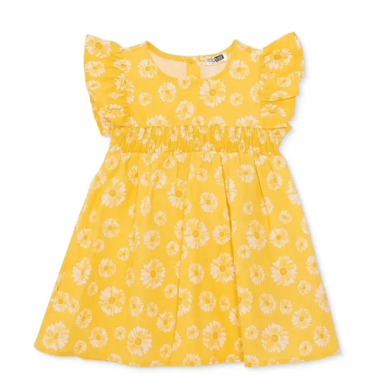 Hellobaby Girls Dress Floral Print Buttoned Sun Flower Crew Neck Short Length Short Sleeve - Yellow Printed 1