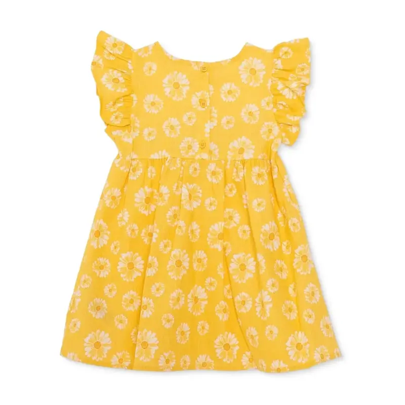 Hellobaby Girls Dress Floral Print Buttoned Sun Flower Crew Neck Short Length Short Sleeve - Yellow Printed 3
