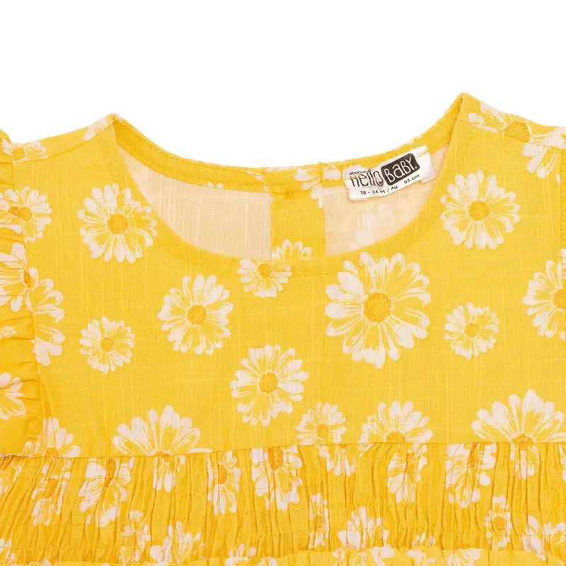 Hellobaby Girls Dress Floral Print Buttoned Sun Flower Crew Neck Short Length Short Sleeve - Yellow Printed 5