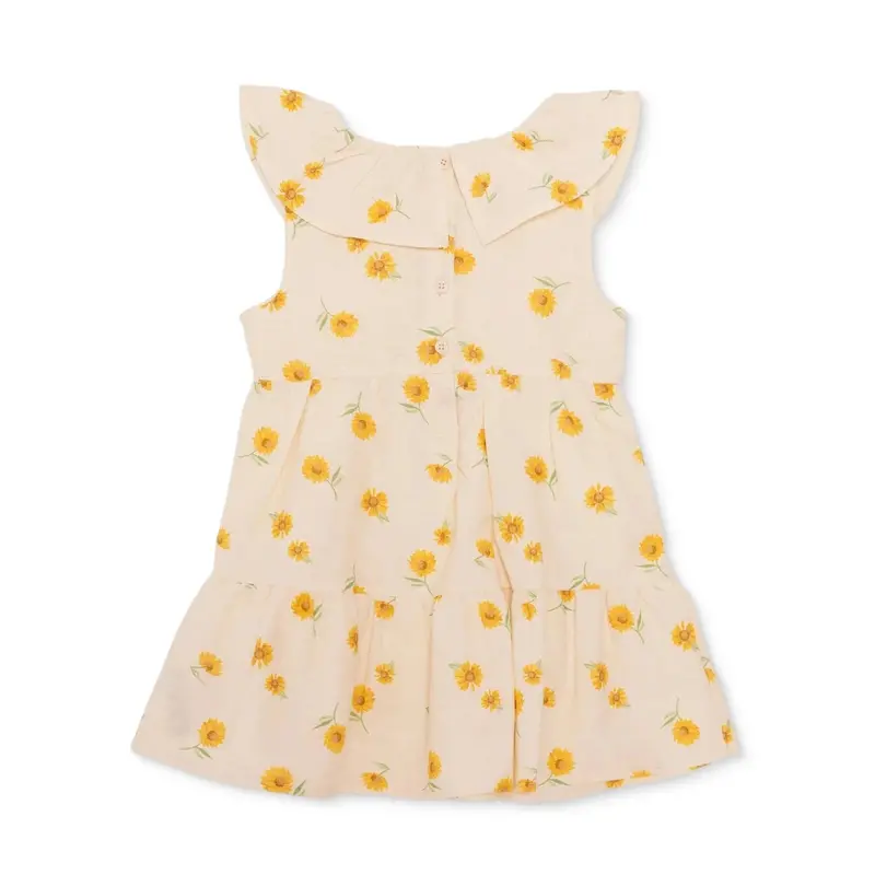 Hellobaby Girls Dress Floral Print Buttoned Sun Flower Frill Neck Short Length Sleeveless - Ecru Printed 2