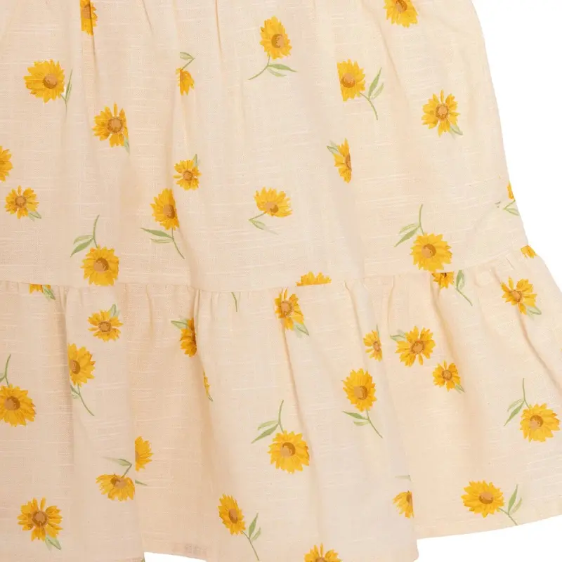 Hellobaby Girls Dress Floral Print Buttoned Sun Flower Frill Neck Short Length Sleeveless - Ecru Printed 6