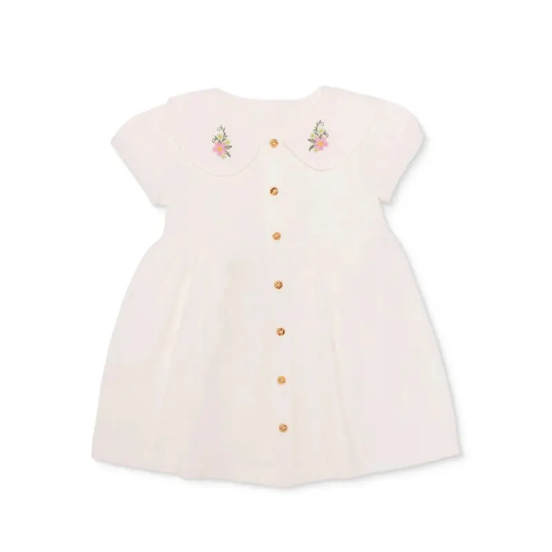 Hellobaby Girls Dress Floral Print Buttoned Vintage Girl Peter Pan Collar Short Length Short Sleeve - Ecru 1