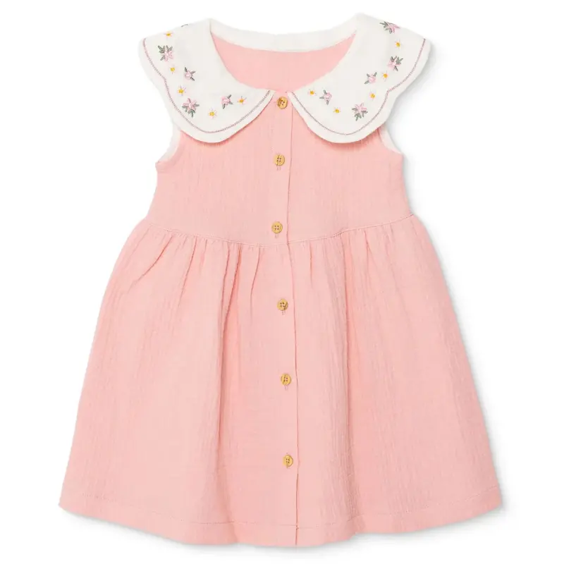 Hellobaby Girls Dress Floral Print Buttoned Vintage Girl Peter Pan Collar Short Length Sleeveless - Pink 1