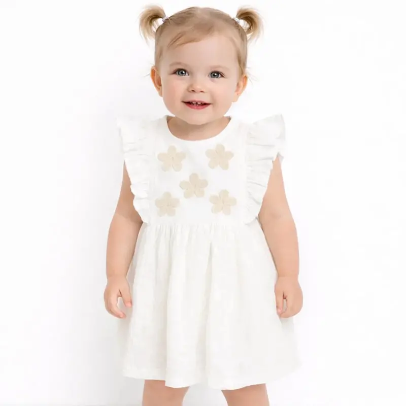 Hellobaby Girls Dress Flower With Buttons Vintage Girl Crew Neck Short Leg Short Sleeve - Ecru 1
