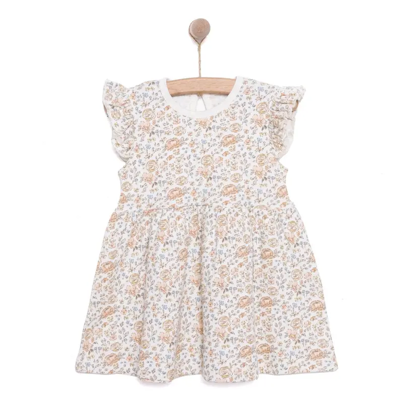 Hellobaby Girls Dress Flower With Poppers Crew Neck Short Short Sleeve - Ecru Printed 1