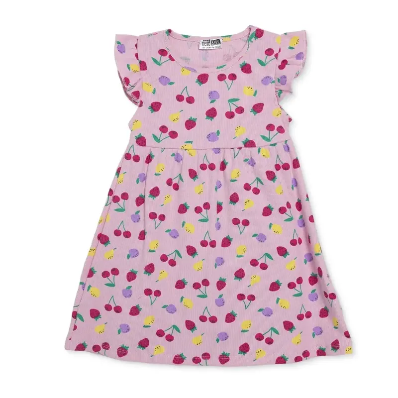 Hellobaby Girls Dress Fruit Print Buttoned Crew Neck Sleeveless - Pink Printed 1