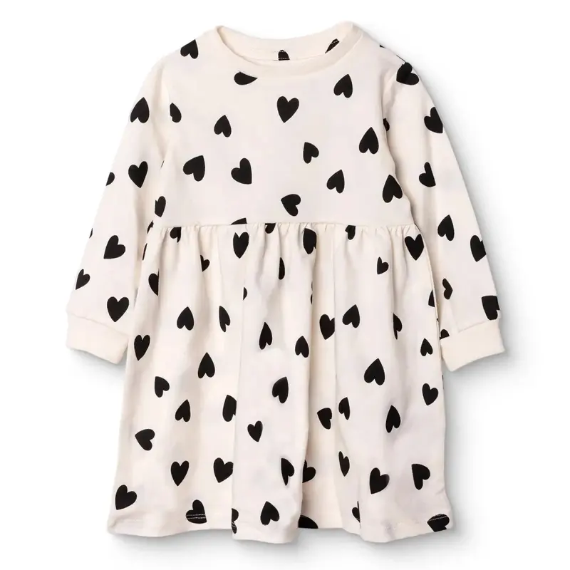 Hellobaby Girls Dress Heart Crew Neck Long Sleeve - Ecru Printed 1