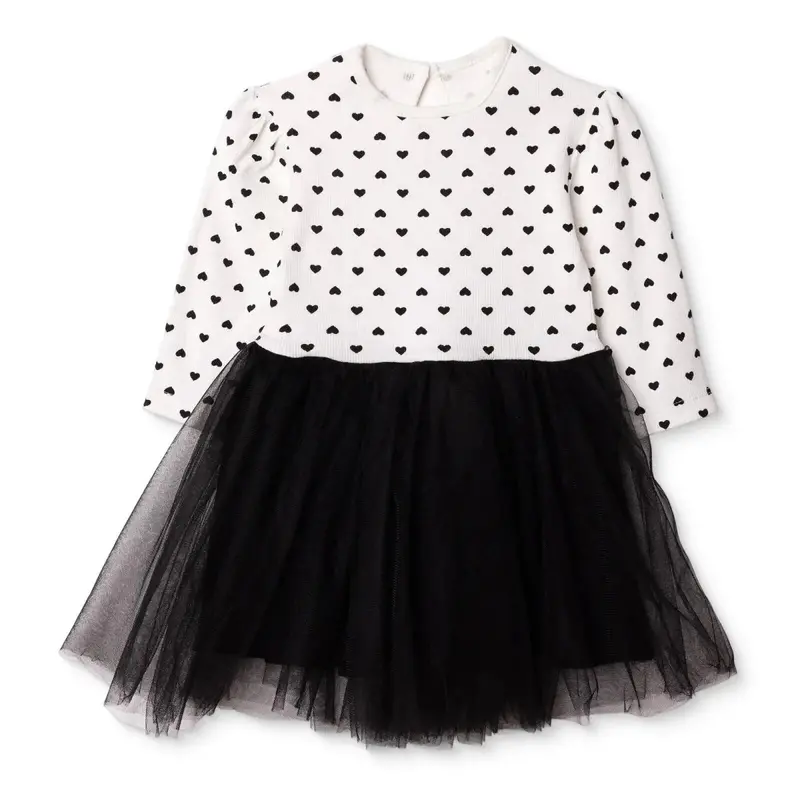 Hellobaby Girls Dress Heart Print Crew Neck Long Sleeve - Ecru Printed 1