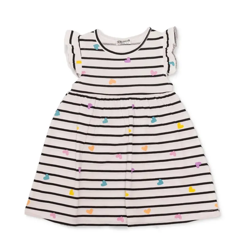 Hellobaby Girls Dress Heart Print Crew Neck Short Sleeve - Ecru Printed 1