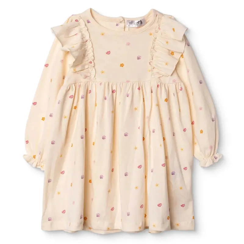 Hellobaby Girls Dress Polka Dot Print Pastel Dreams Crew Neck Long Sleeve - Ecru Printed 1