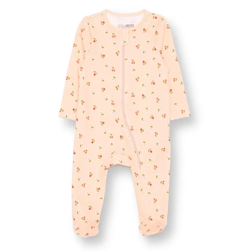 Hellobaby Girls Footed Romper Cherry Zip-Up Crew Neck Long Leg Long Sleeve - Salmon 1