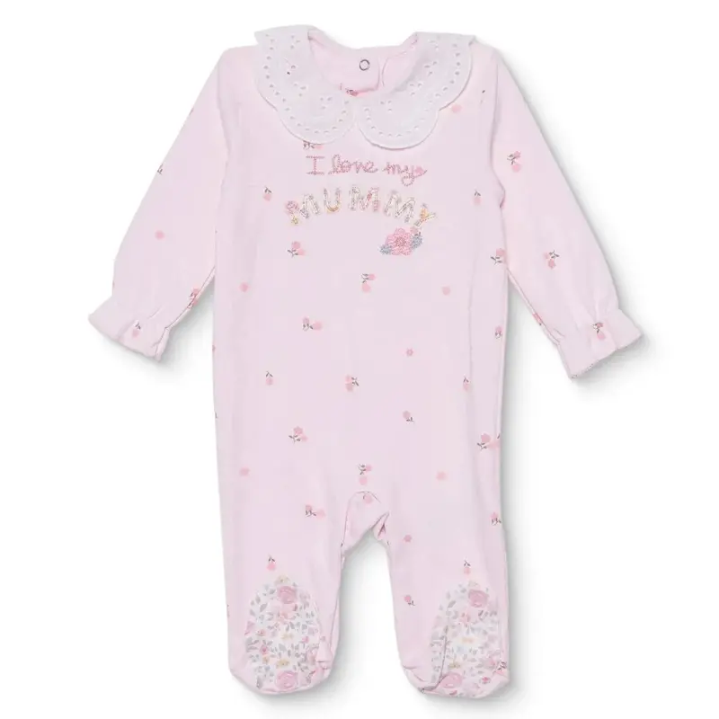 Hellobaby Girls Footed Romper Flower With Poppers Dantel Yaka Long Leg Long Sleeve - Pink 1
