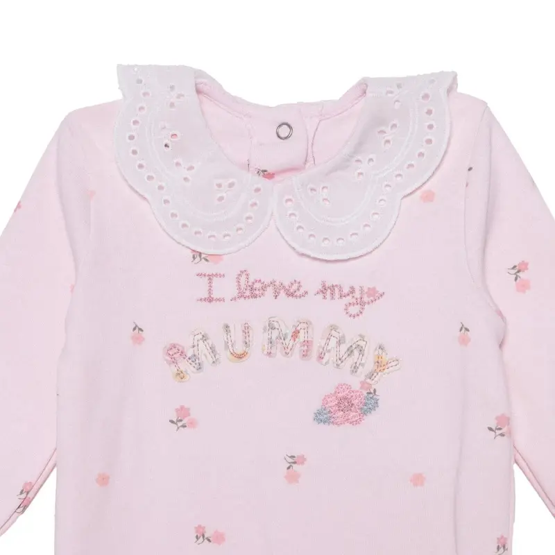 Hellobaby Girls Footed Romper Flower With Poppers Dantel Yaka Long Leg Long Sleeve - Pink 4