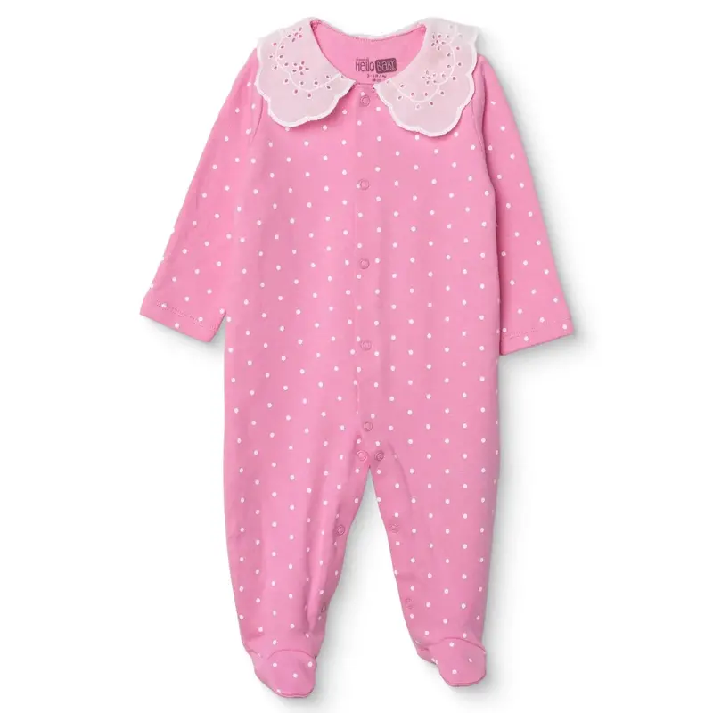 Hellobaby Girls Footed Sleepsuit Polka Dot Print Snap Fastening Lace Collar Full Length Long Sleeve - Pink 1