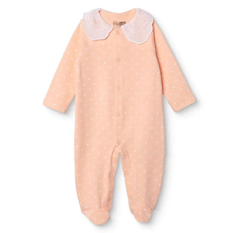 Hellobaby Girls Footed Sleepsuit Polka Dot Print Snap Fastening Lace Collar Full Length Long Sleeve - Salmon 1
