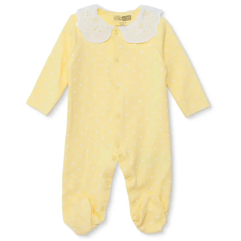 Hellobaby Girls Footed Sleepsuit Polka Dot Print Snap Fastening Lace Collar Full Length Long Sleeve - Yellow 1