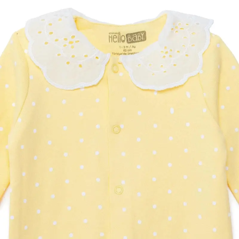 Hellobaby Girls Footed Sleepsuit Polka Dot Print Snap Fastening Lace Collar Full Length Long Sleeve - Yellow 3