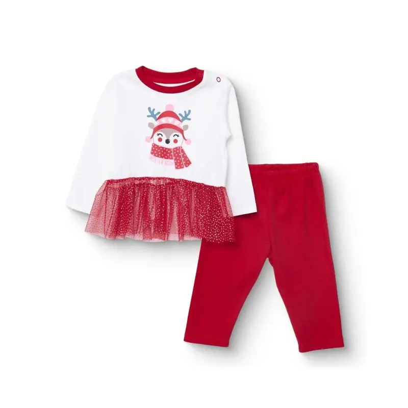 Hellobaby Girls Long Sleeve Pyjamas Set Animal With Poppers Christmas Crew Neck Long Leg Long Sleeve - Red 1