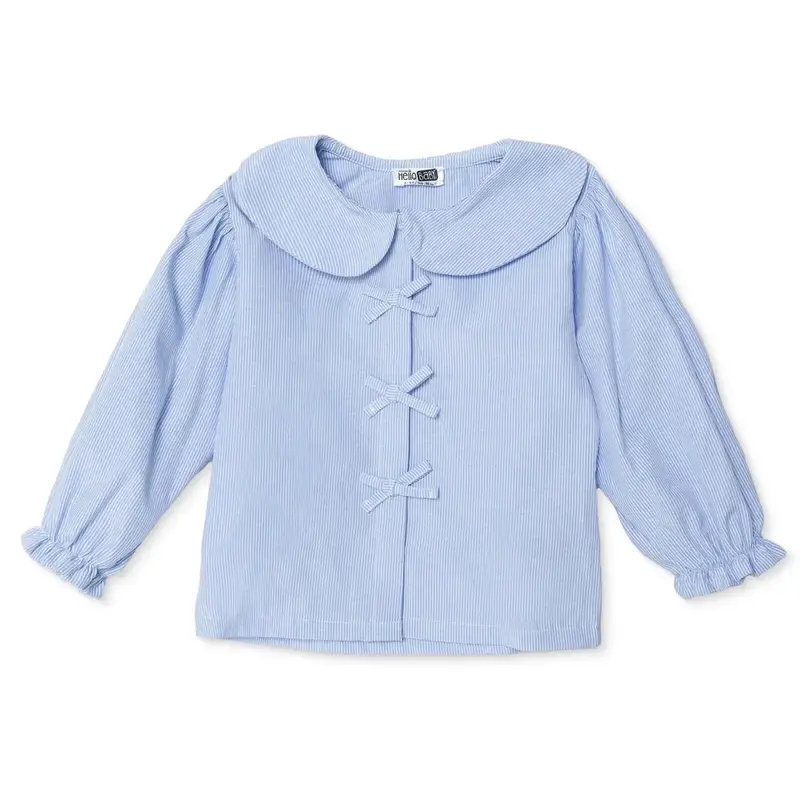 Hellobaby Girls Shirt Bow Print Buttoned Peter Pan Collar Long Sleeve - Blue 1