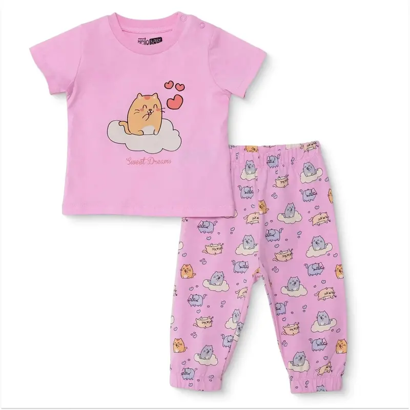 Hellobaby Girls Short Sleeve Pyjamas Set Animal Crew Neck Long Leg Short Sleeve - Pink 1