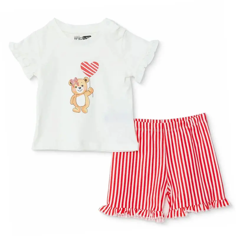 Hellobaby Girls Short Sleeve Pyjamas Set Bear Print Snap Fastening Crew Neck Short Length Short Slee - Ecru 1