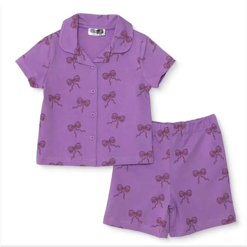 Hellobaby Girls Short Sleeve Pyjamas Set Bow With Buttons Shirt Collar Short Leg Short Sleeve - Lilac 1