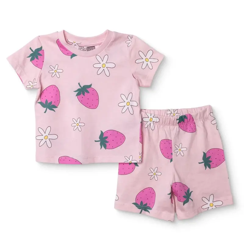Hellobaby Girls Short Sleeve Pyjamas Set Floral Print Crew Neck Short Length Short Sleeve - Pink 1