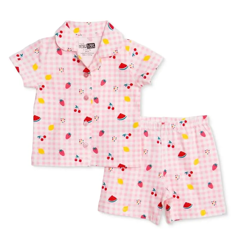 Hellobaby Girls Short Sleeve Pyjamas Set Fruit Print Buttoned Shirt Collar Short Length Short Sleeve - Pink 1