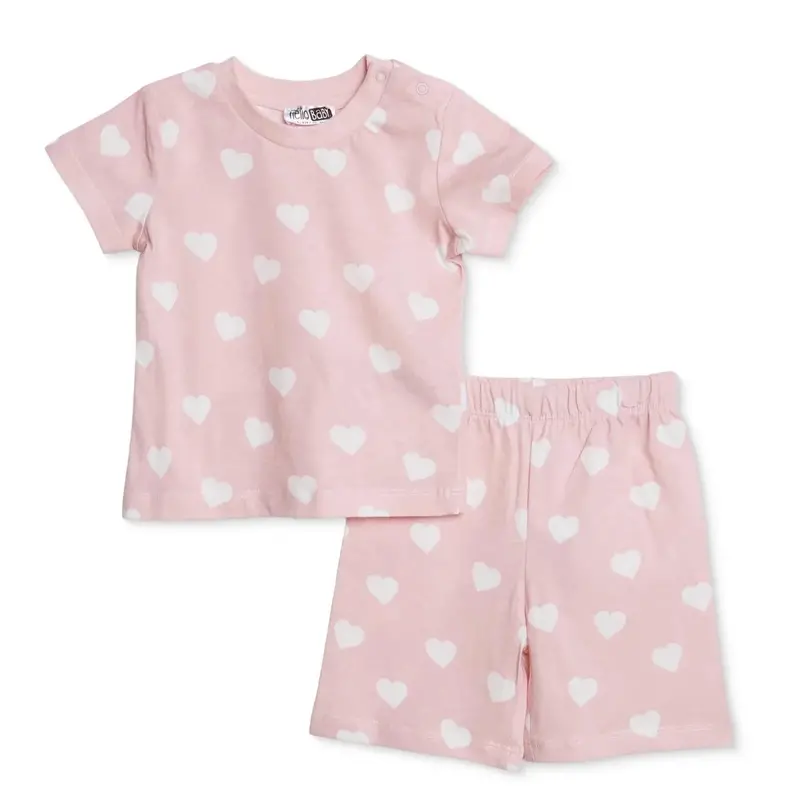 Hellobaby Girls Short Sleeve Pyjamas Set Heart Crew Neck Short Leg Short Sleeve - Pink 1