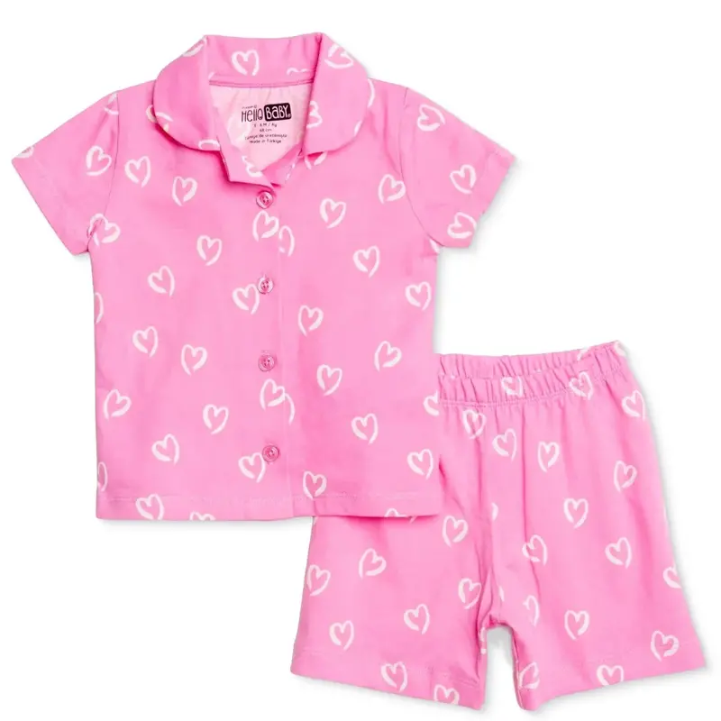 Hellobaby Girls Short Sleeve Pyjamas Set Heart Print Buttoned Shirt Collar Short Length Short Sleeve - Pink 1