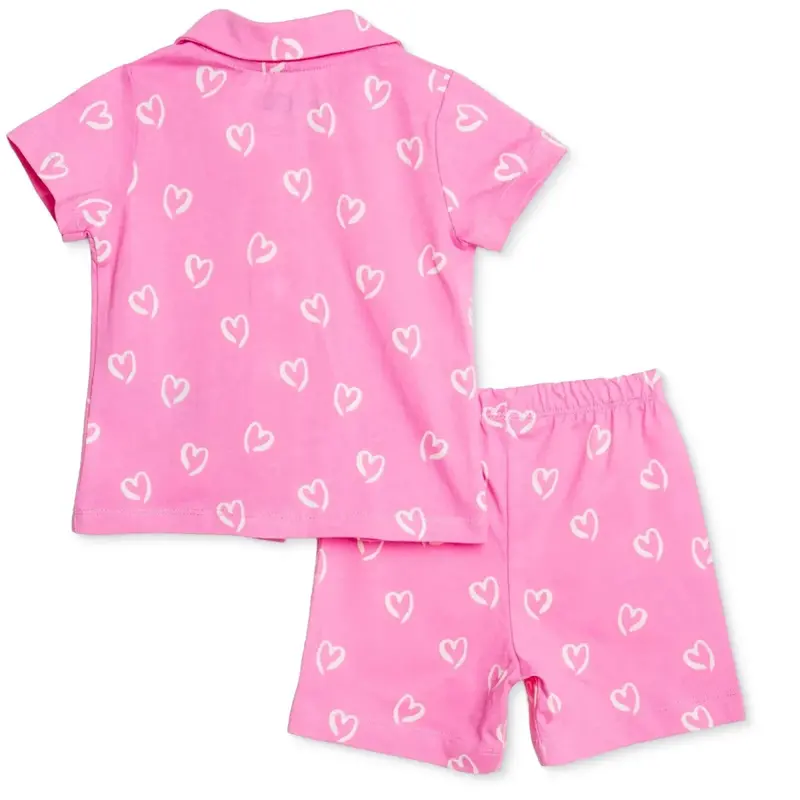 Hellobaby Girls Short Sleeve Pyjamas Set Heart Print Buttoned Shirt Collar Short Length Short Sleeve - Pink 2