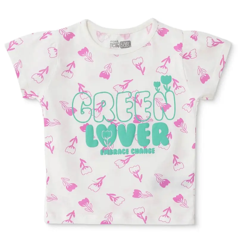 Hellobaby Girls T-Shirt Floral Print Crew Neck Short Sleeve - Ecru Printed 1