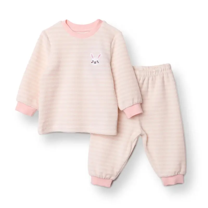 Hellobaby Girls Velvet Pyjama Set Striped Crew Neck Long Leg Long Sleeve - Pink 1