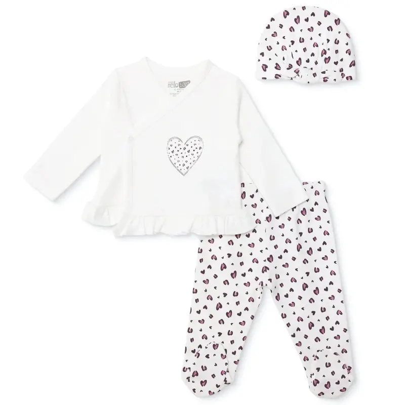 Hellobaby Girls Vest Hat & Footed Bottom Set Heart Print Snap Fastening V-Neck Full Length Long Slee - Ecru 1