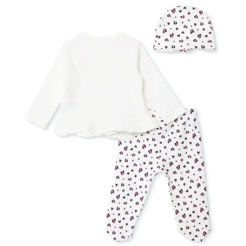 Hellobaby Girls Vest Hat & Footed Bottom Set Heart Print Snap Fastening V-Neck Full Length Long Slee - Ecru 2