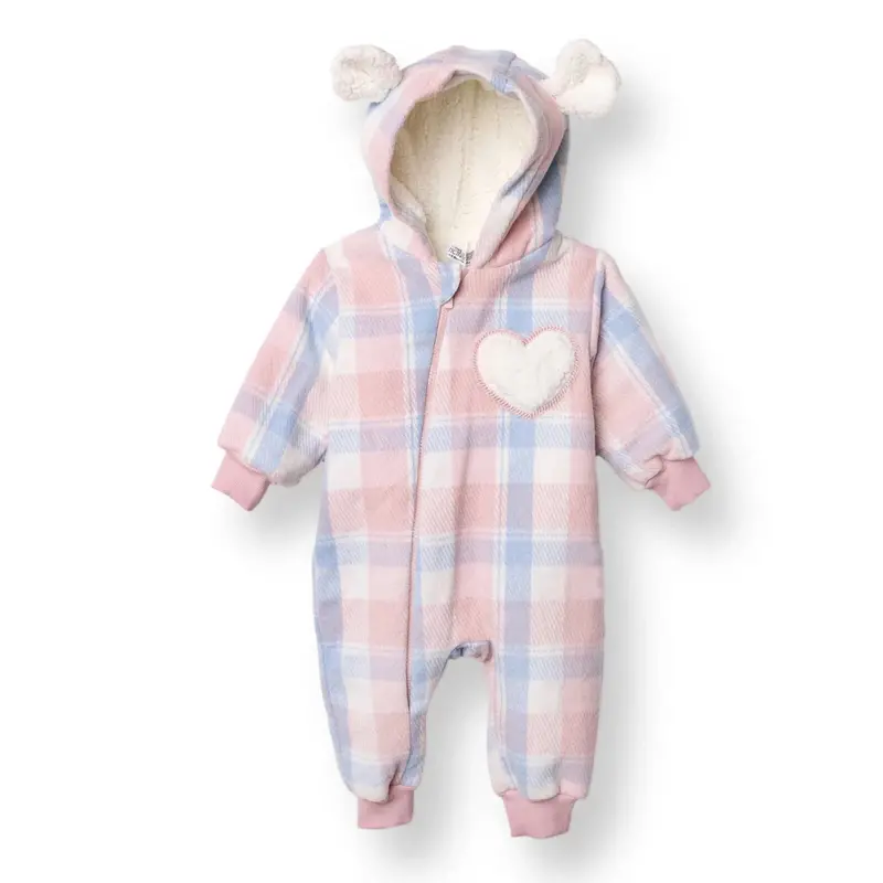 Hellobaby Girls Welsoft Romper Plaid Zip-Up Hooded Long Leg Long Sleeve - Pink Printed 1