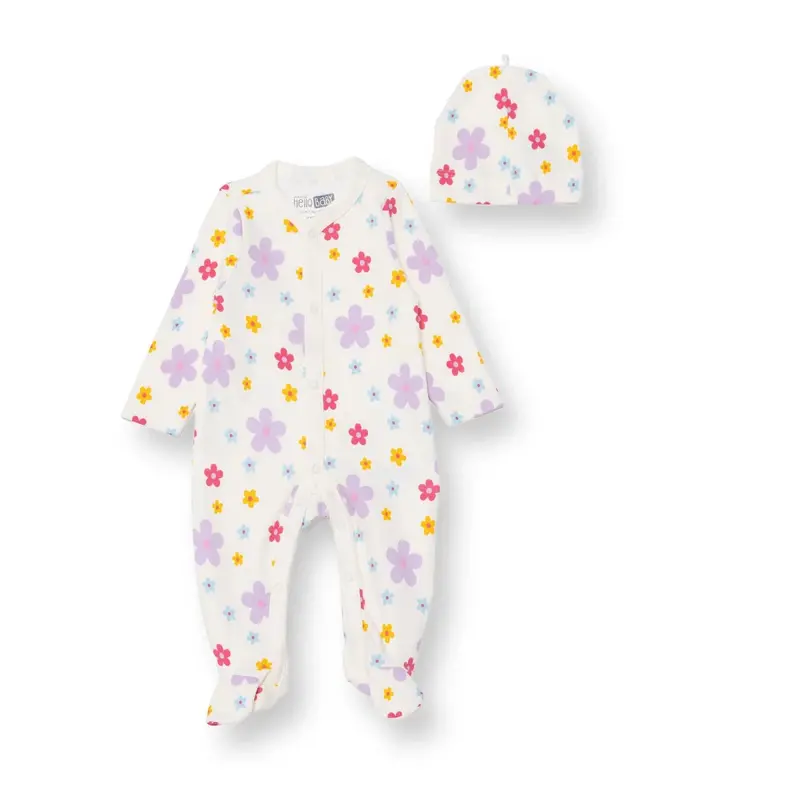 Hellobaby Newborn Jumpsuit-Hat - Beige Printed 1