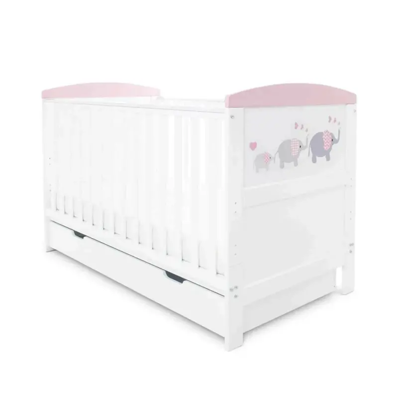 Ickle Bubba Coleby Style Cot Bed With Under Drawer Elephant Love Pink - Without Mattress 2