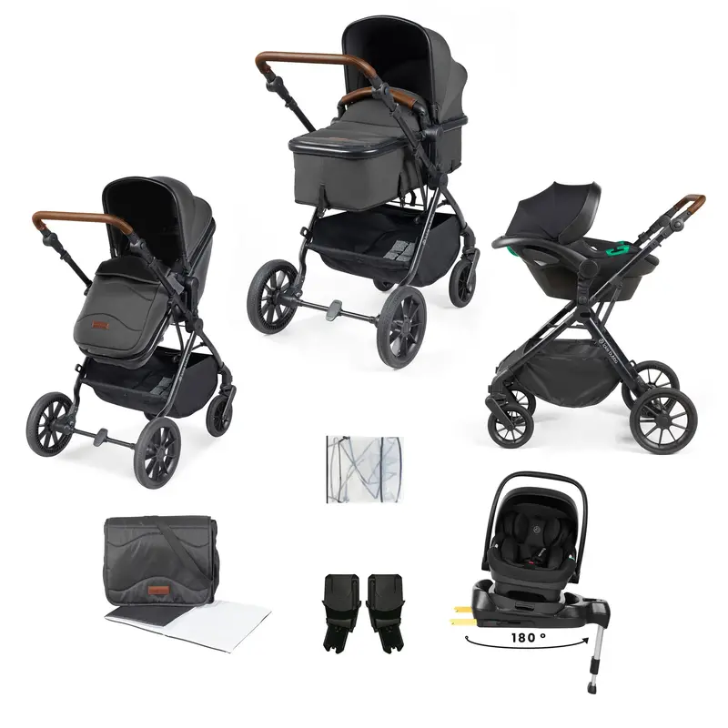 Ickle Bubba Cosmo 9-Piece Travel System With I-Size Nimbus Car Seat & Spin Isofix Base In Black / Graphite Grey / Tan 1