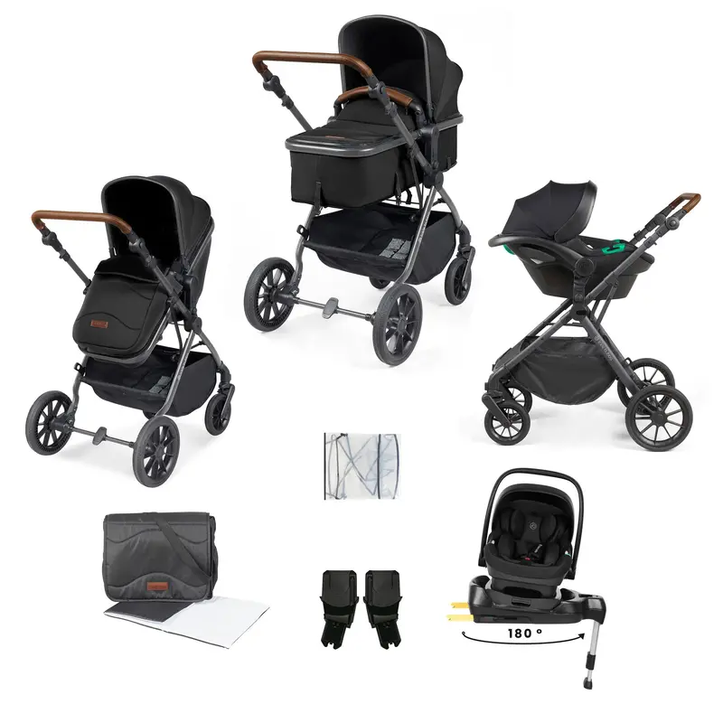 Ickle Bubba Cosmo 9-Piece Travel System With I-Size Nimbus Car Seat & Spin Isofix Base In Gunmetal / Black / Tan 1