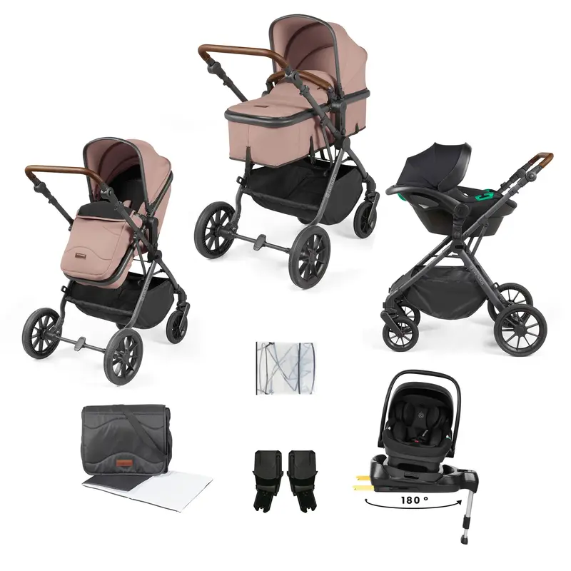 Ickle Bubba Cosmo 9-Piece Travel System With I-Size Nimbus Car Seat & Spin Isofix Base In Gunmetal / Desert / Tan 1