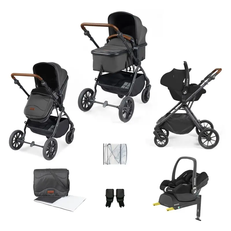 Ickle Bubba Cosmo 9-Piece Travel System With Maxi-Cosi Cabriofix Car Seat & Isofix Base In Black / Graphite Grey / Tan 1