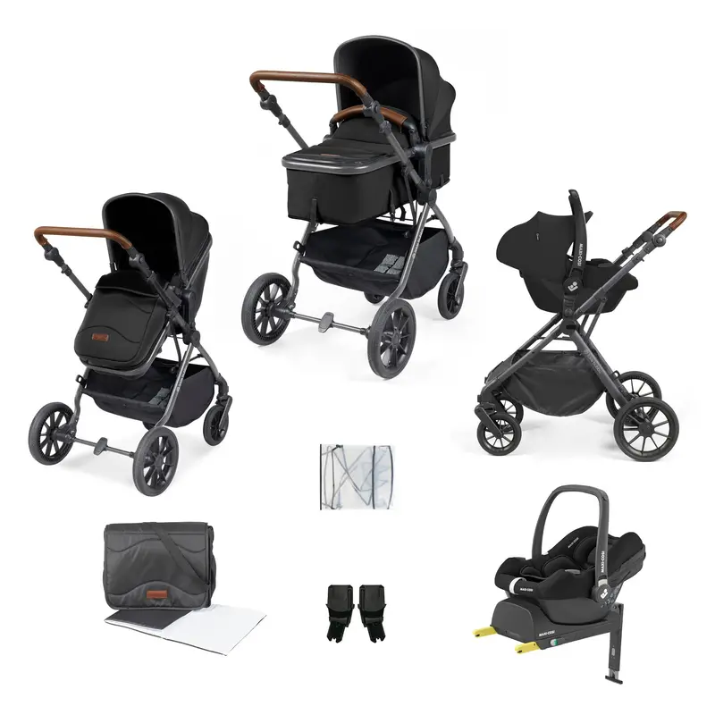 Ickle Bubba Cosmo 9-Piece Travel System With Maxi-Cosi Cabriofix Car Seat & Isofix Base In Gunmetal / Black / Tan 1