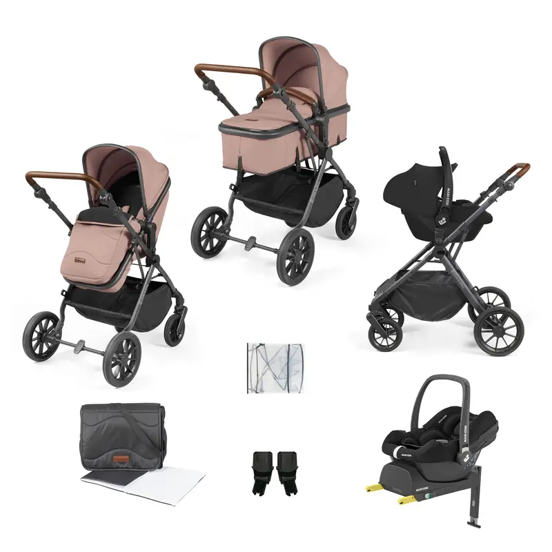 Ickle Bubba Cosmo 9-Piece Travel System With Maxi-Cosi Cabriofix Car Seat & Isofix Base In Gunmetal / Desert / Tan 1
