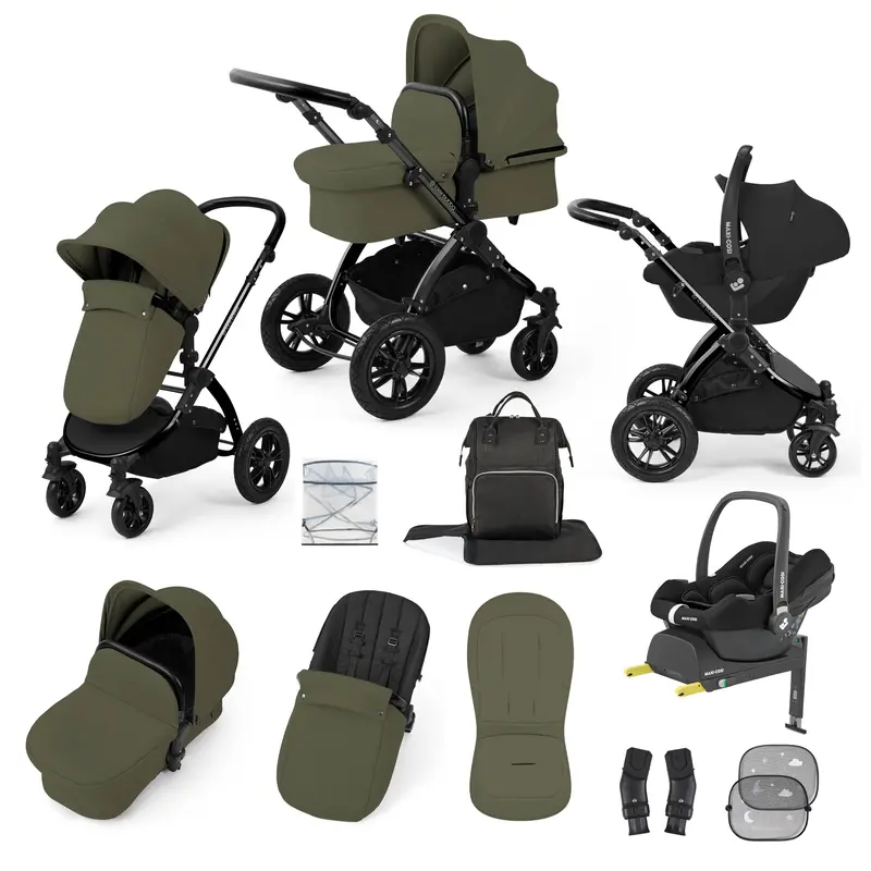 Ickle Bubba Stomp Luxe 12 Piece Travel System With Maxi-Cosi Cabriofix I-Size Car Seat & Isofix Base In Woodland 1