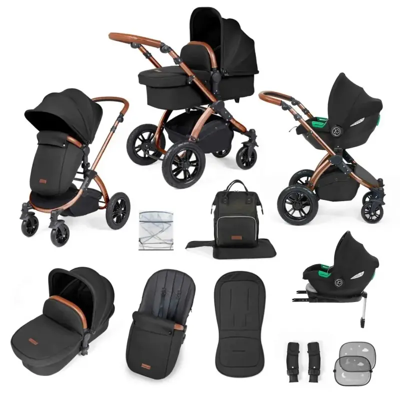 Ickle Bubba Stomp Luxe Travel System With I-Size Cirrus Car Seat & Isofix Base 12 Pcs - Bronze & Midnight & Tan 1