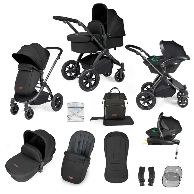 Ickle Bubba Stomp Luxe Travel System With I-Size Stratus Car Seat & Isofix Base 12 Pcs - Black & Midnight & Black 1
