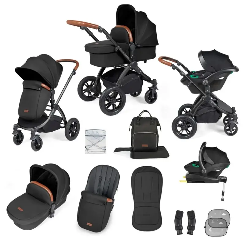 Ickle Bubba Stomp Luxe Travel System With I-Size Stratus Car Seat & Isofix Base 12 Pcs - Black & Midnight & Tan 1