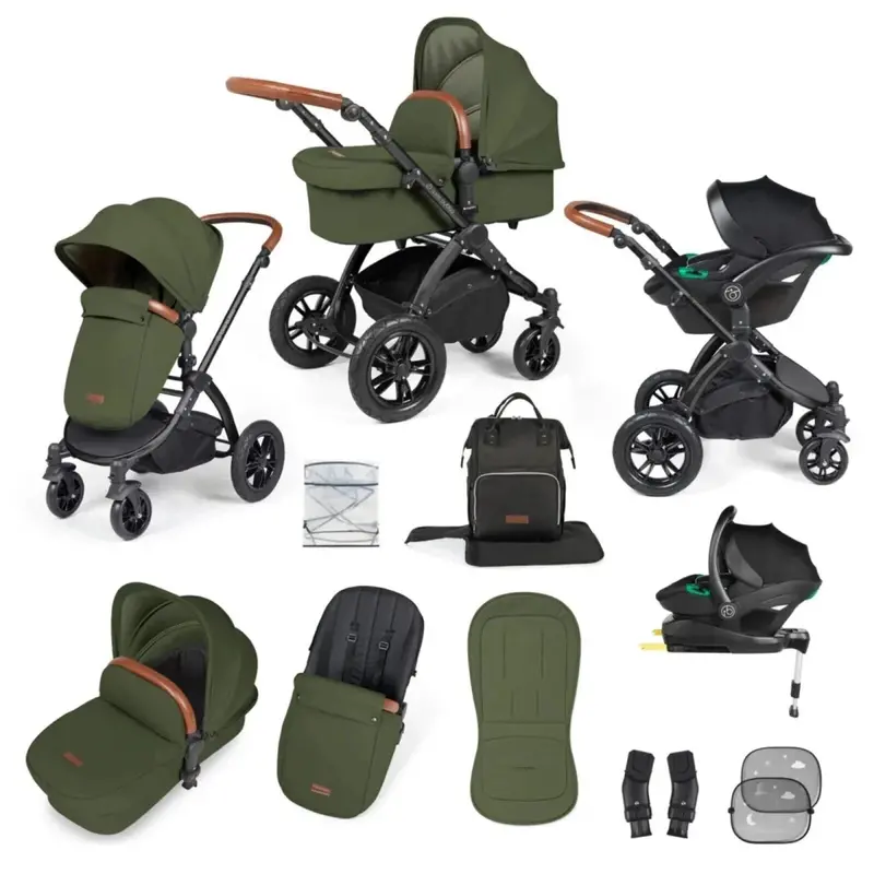 Ickle Bubba Stomp Luxe Travel System With I-Size Stratus Car Seat & Isofix Base 12 Pcs - Black & Woodland & Tan 1