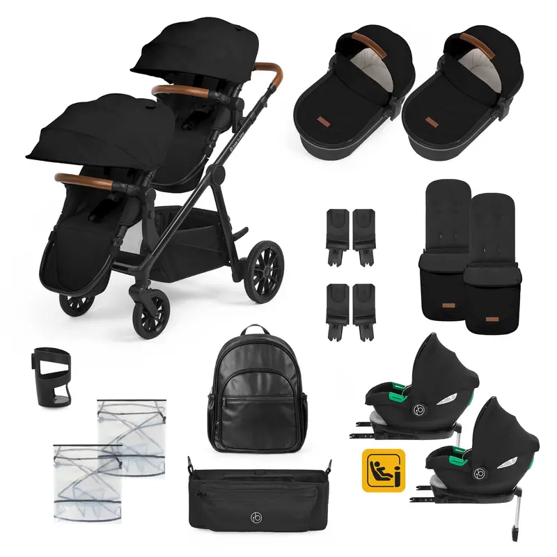 Ickle Bubba Virgo Twin 18 Piece Travel System With I-Size Cirrus Car Seats & Isofix Bases In Black/Black/Tan 1